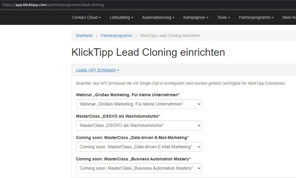 KLicktipp Enterprise Lead Cloning